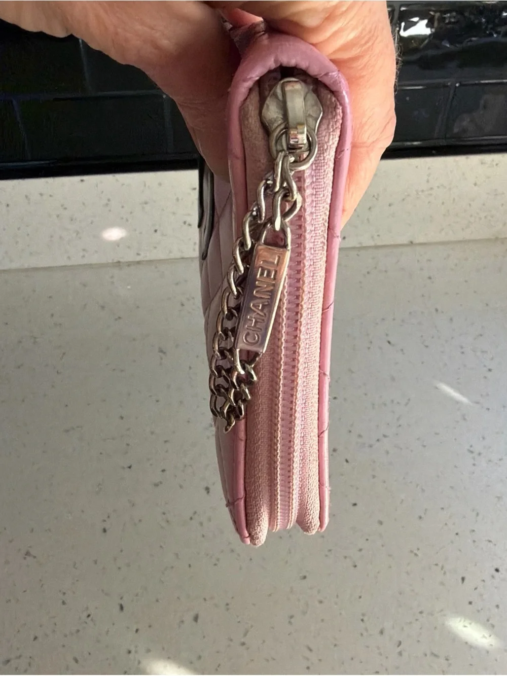 CHANEL Pink Quilted Calfskin Cambon Zip Organizer with Black CC Logo